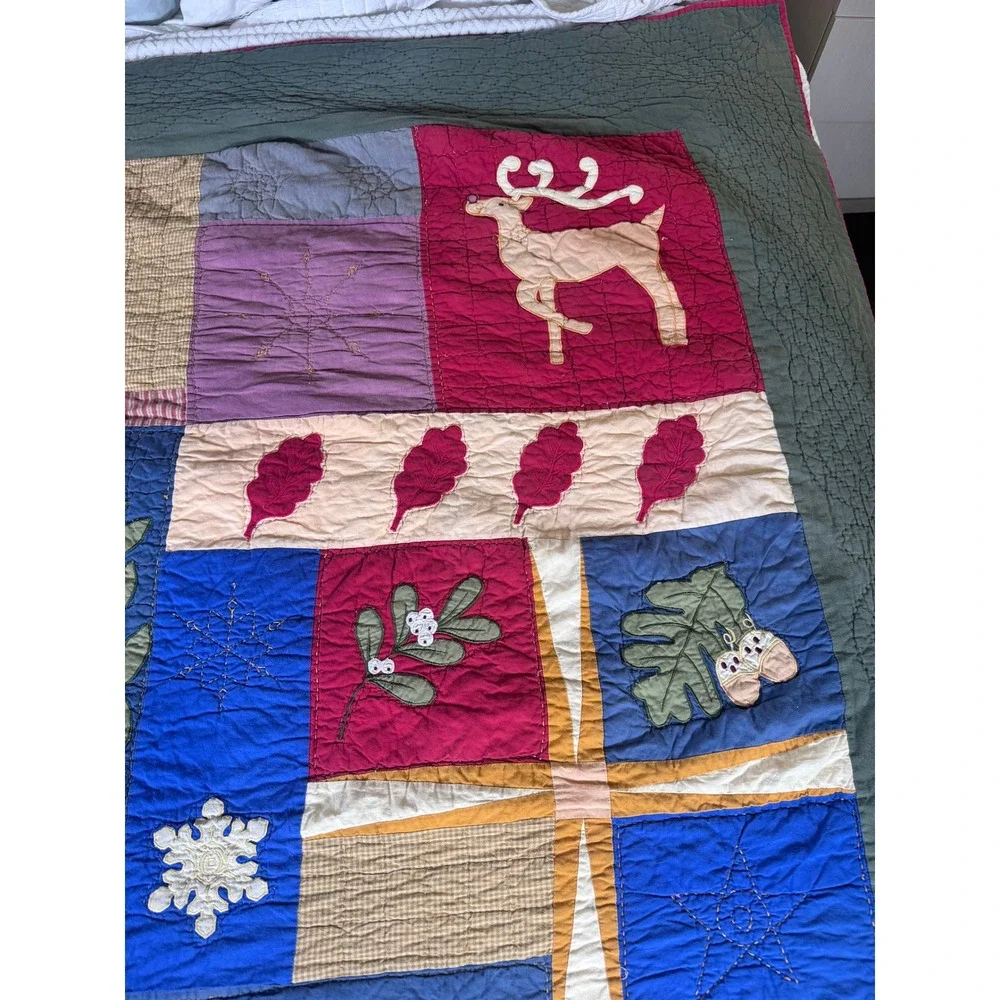 VTG Folk‎ Art Quilt Queen Hand Appliqué Woodland Christmas Patchwork Farmhouse